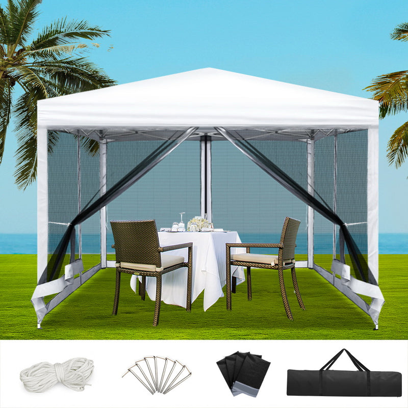Instahut 3x3m Pop Up Gazebo Tent Canopy Mesh Wall White Wedding Party