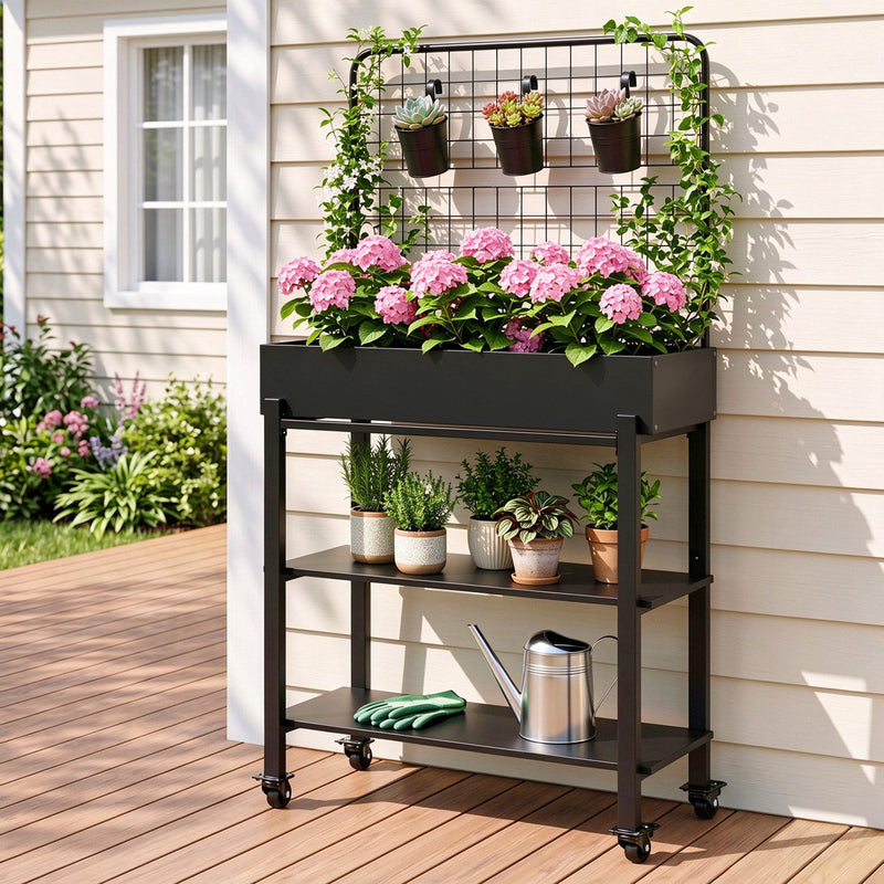 Green Fingers Mobile Raised Garden Bed with Trellis & Shelves Dark Grey