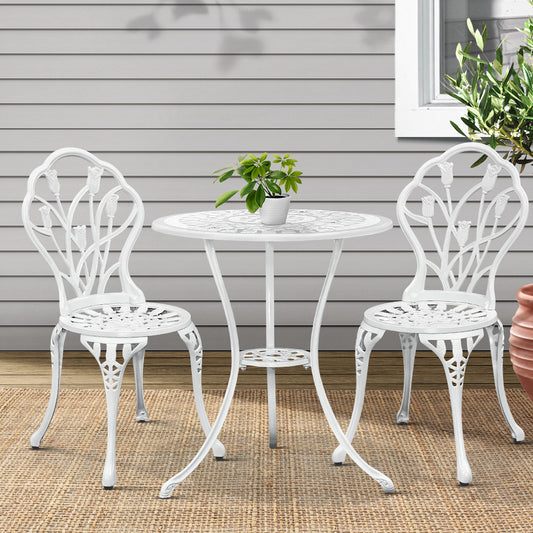 Gardeon 3PC Outdoor Bistro Set Cast Aluminum Tulip White Patio