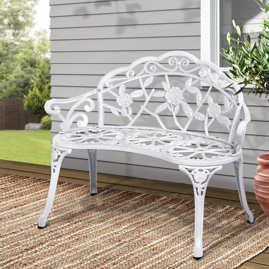 Gardeon Garden Bench 100cm Cast Aluminium Vintage White Outdoor Seat