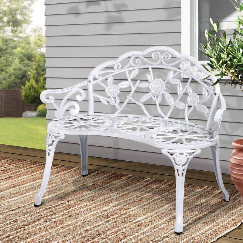 Gardeon Garden Bench 100cm Cast Aluminium Vintage White Outdoor Seat