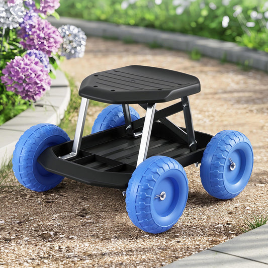 Gardeon Garden Cart Seat Rolling Stool 440lbs Tool Storage Tray Blue