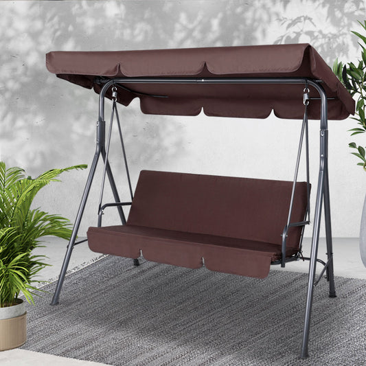 Gardeon 3 Seater Swing Chair Canopy Brown Garden Furniture