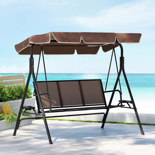 Gardeon 3 Seater Swing Chair Brown Canopy Cup Holder Garden