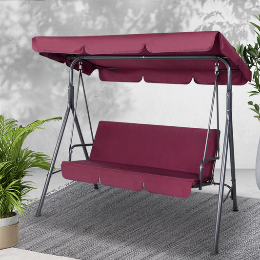 Gardeon 3 Seater Swing Chair Canopy Garden Bench Wine Red