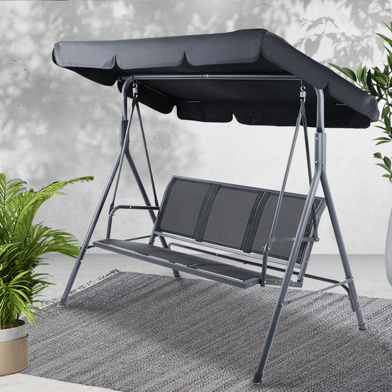 Gardeon 3 Seater Swing Chair Bench Canopy Black Mesh Garden Outdoor