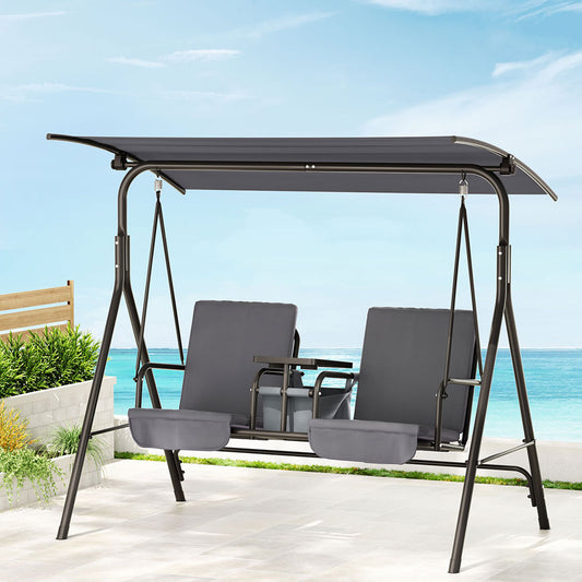 Gardeon 2 Seater Swing Chair Canopy Cup Holder Grey Garden