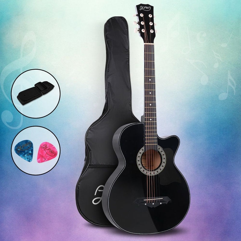 Alpha 38 Inch Acoustic Guitar Cutaway Black Steel String Full Size