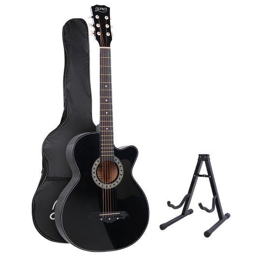 Alpha 38" Acoustic Guitar Full Size Black Steel String w/ Stand