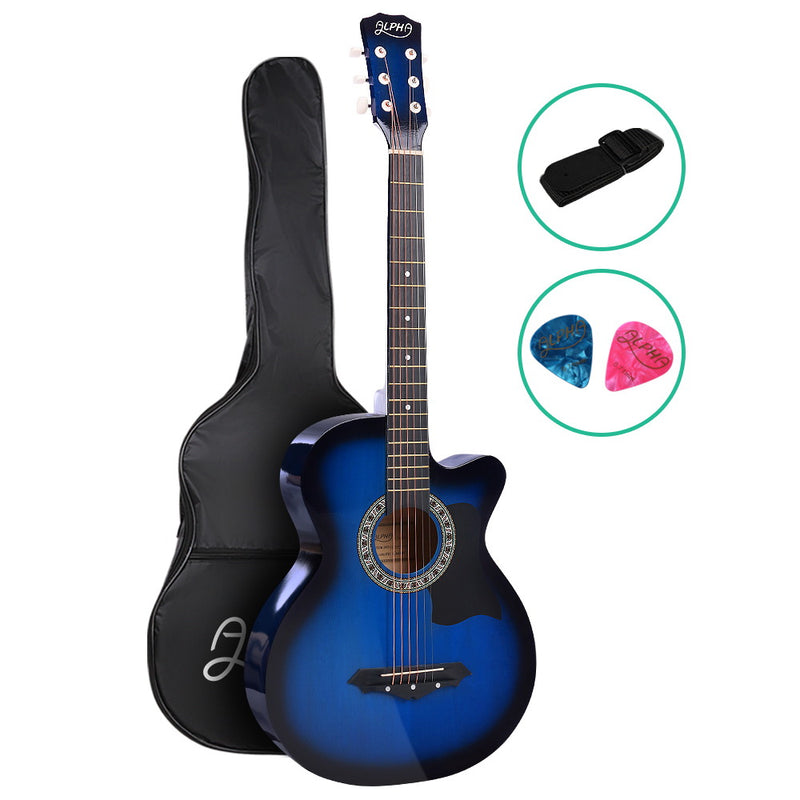 Alpha 38in Acoustic Guitar Cutaway Steel String Wooden Blue