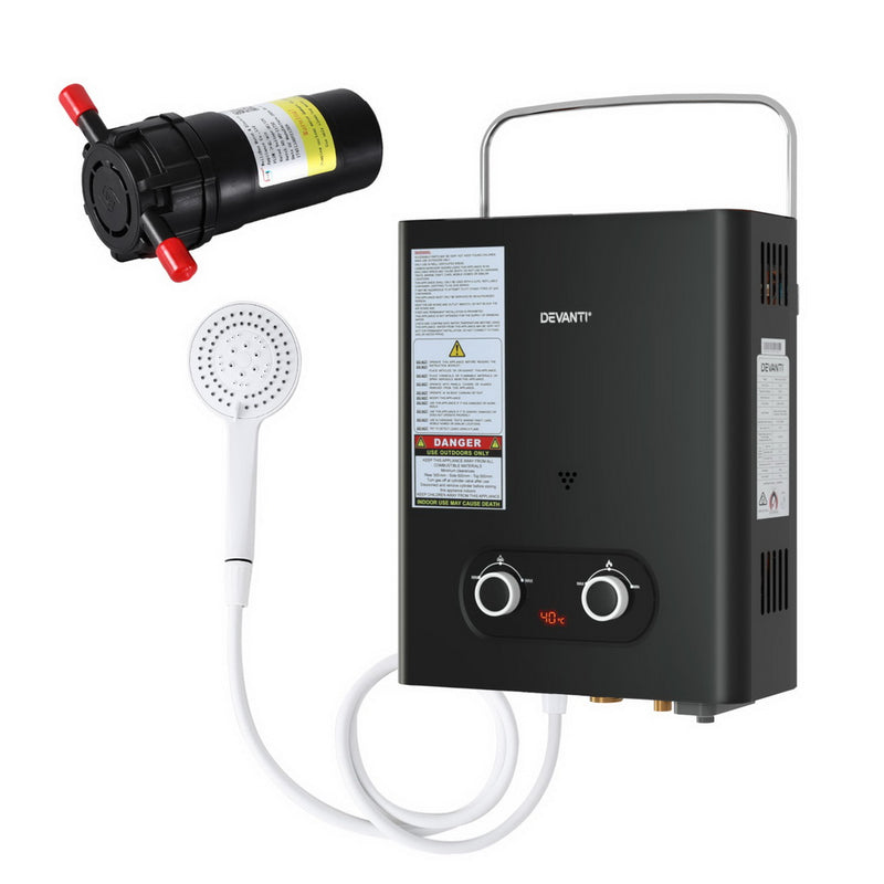 Devanti Portable Gas Water Heater LPG Black Pump