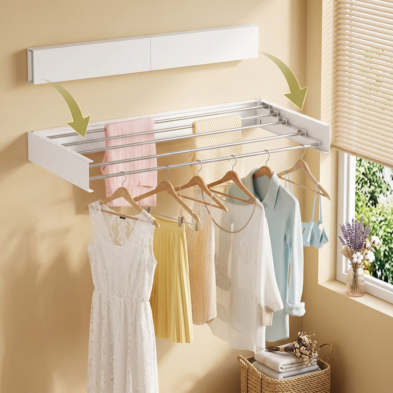 Artiss Clothes Rack Wall Mounted Airer Foldable Hidden Space 5 Rods White