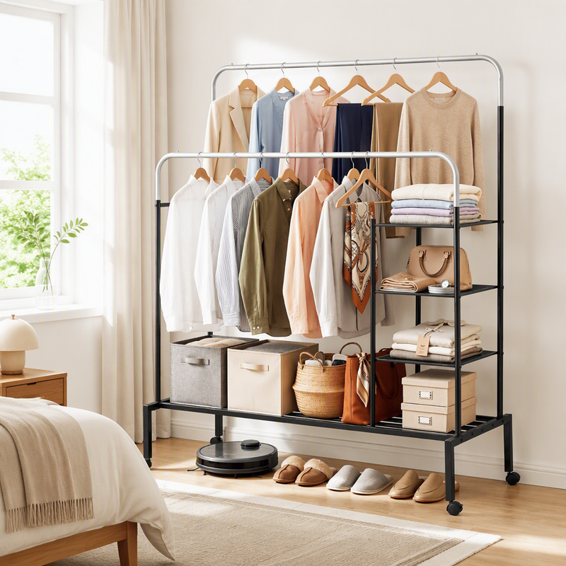 Artiss Clothes Rack Double Rod Airer Rail Coat Stand Hanger Storage Shelf