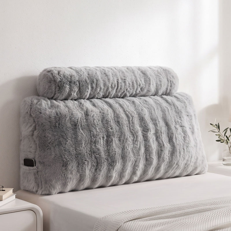 Giselle Wedge Pillow Headboard, Easy Wash Zipper Cover & Anti-Flat Foam, Couch Lumbar Support for Dorm Readers, 340g Faux Rabbit Fur with Dual Pockets, King Single