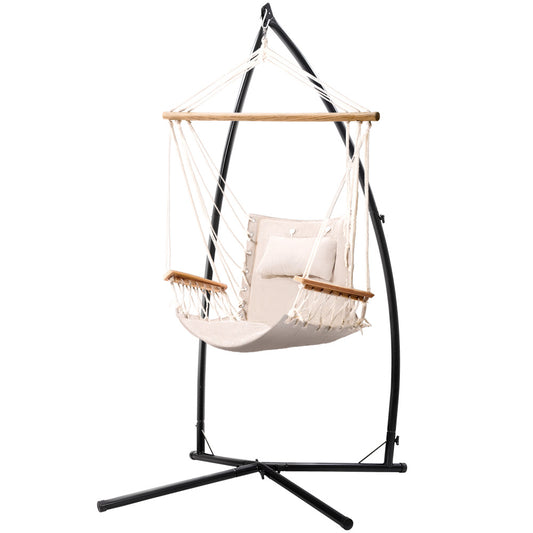 Gardeon Hammock Chair Steel Stand Armrest Outdoor Cream