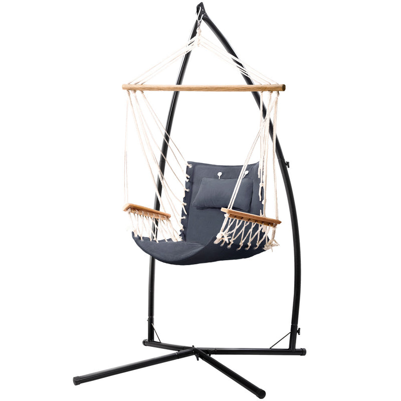 Gardeon Hammock Chair Steel Stand Armrest Grey Outdoor Hanging