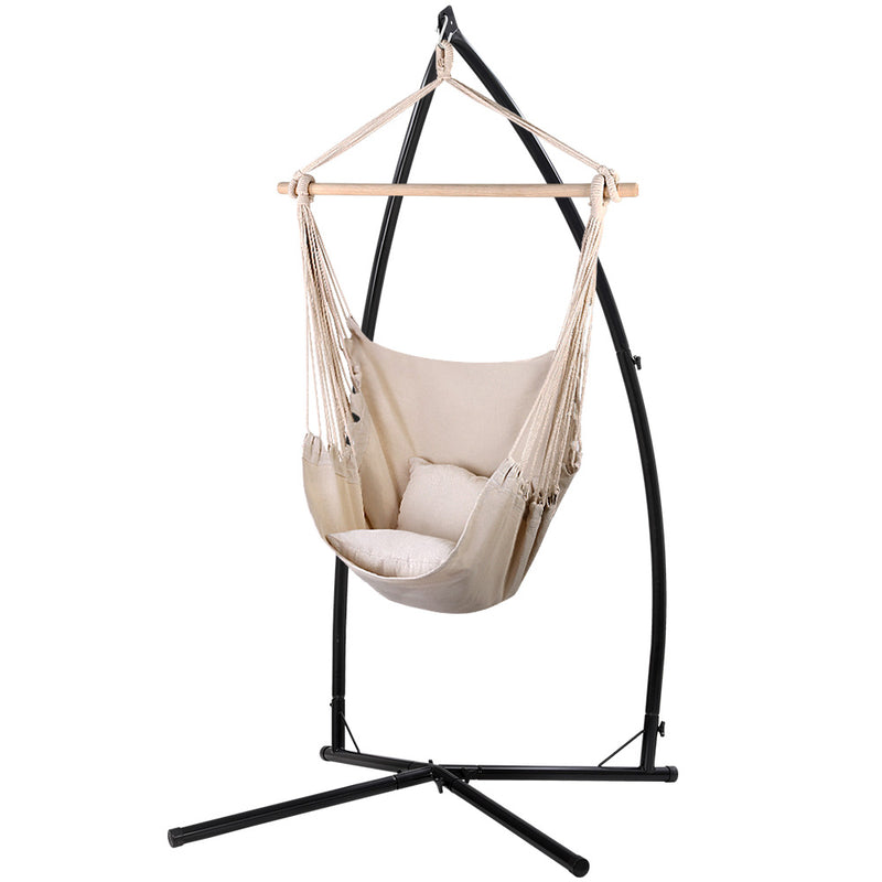 Gardeon Hammock Chair Hanging Cream with Steel Stand Outdoor