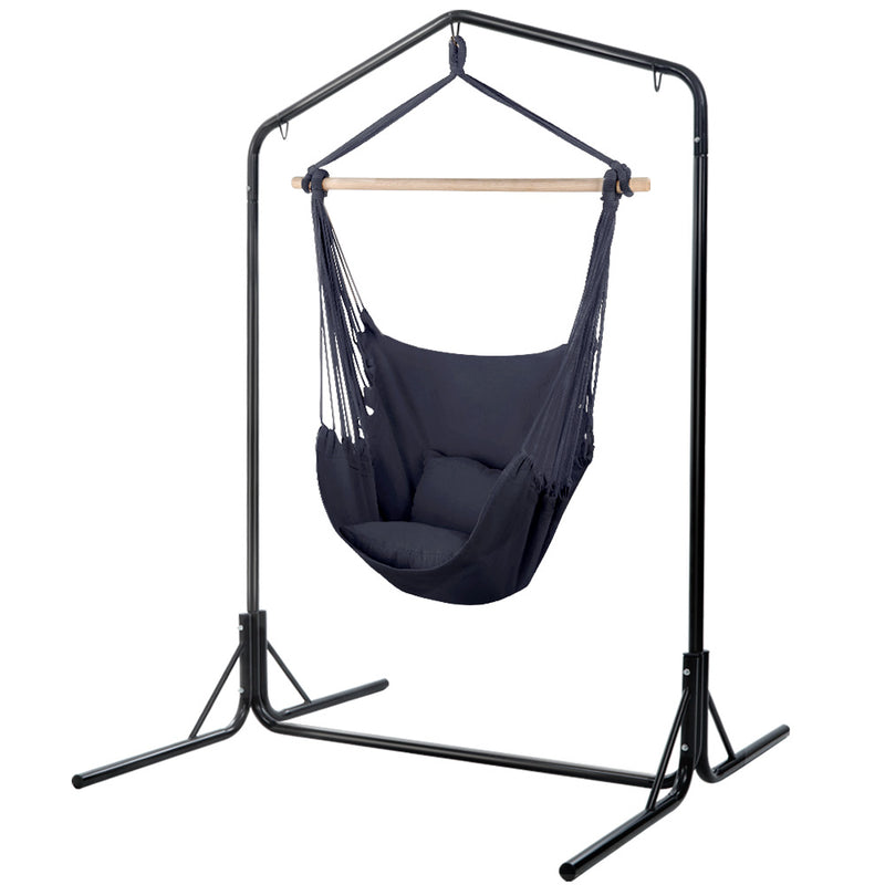 Gardeon Hammock Chair with Stand Grey Outdoor Swing Pillow