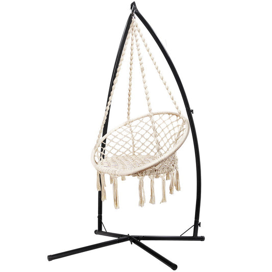 Gardeon Hammock Chair Macrame Steel Stand Outdoor Cream