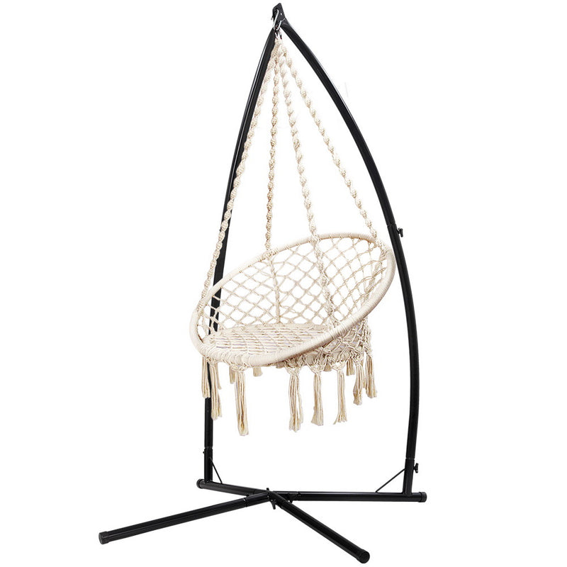 Gardeon Hammock Chair Macrame Steel Stand Outdoor Cream