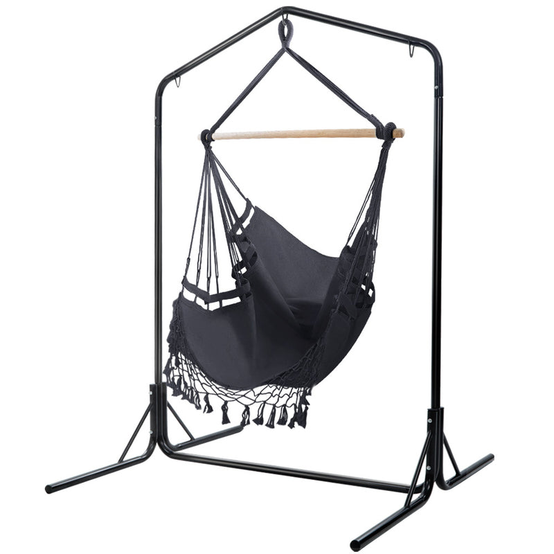 Gardeon Hammock Chair With Stand Grey Outdoor Hanging Tassel