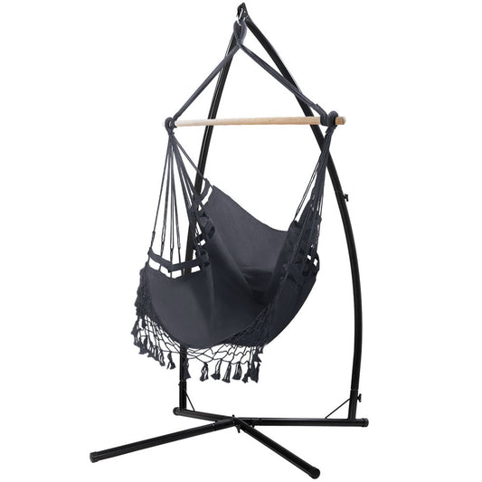 Gardeon Hammock Chair Steel Stand Hanging Outdoor Tassel Grey