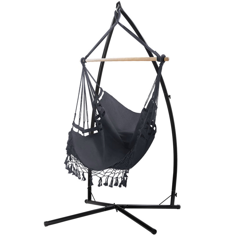 Gardeon Hammock Chair Steel Stand Hanging Outdoor Tassel Grey