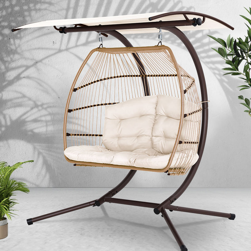 Gardeon Egg Swing Chair 2 Seater Wicker Canopy Pod Latte