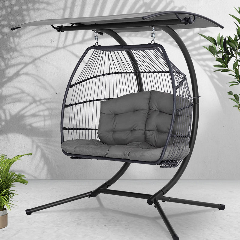 Gardeon Egg Swing Chair 2 Seater Wicker Grey Outdoor Canopy Pod
