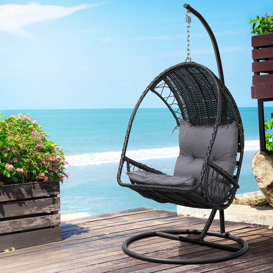Gardeon Outdoor Egg Swing Chair Wicker Black with Stand Armrest