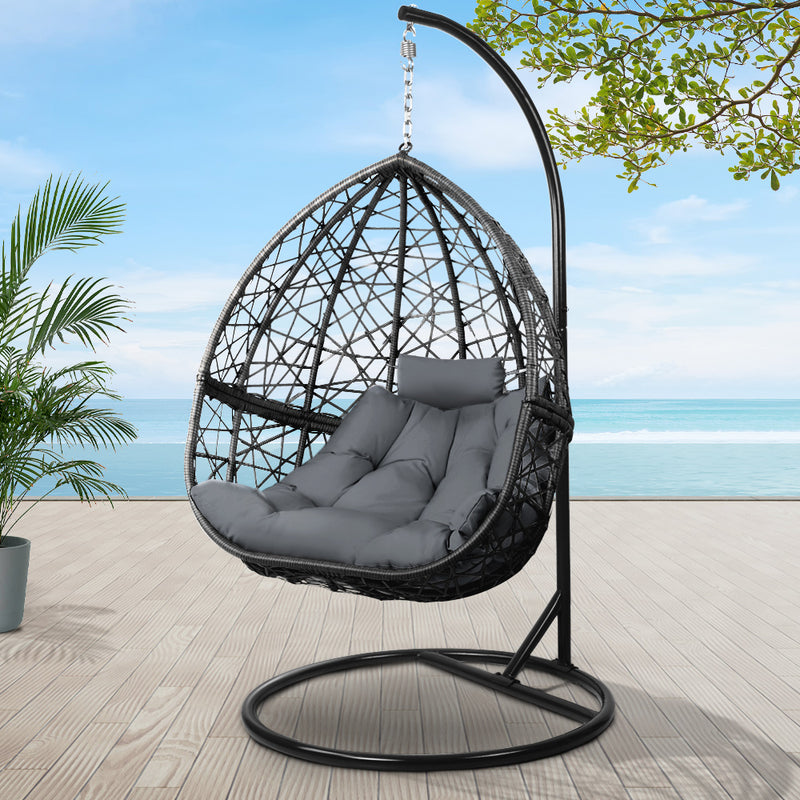 Gardeon Egg Swing Chair Wicker Rattan Pod Grey w/ Cushion