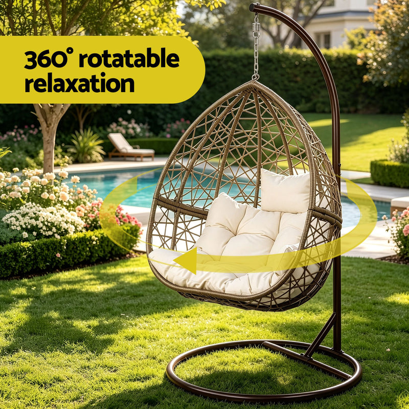 Gardeon Egg Swing Chair Wicker Rattan Pod Stand Cushion Latte