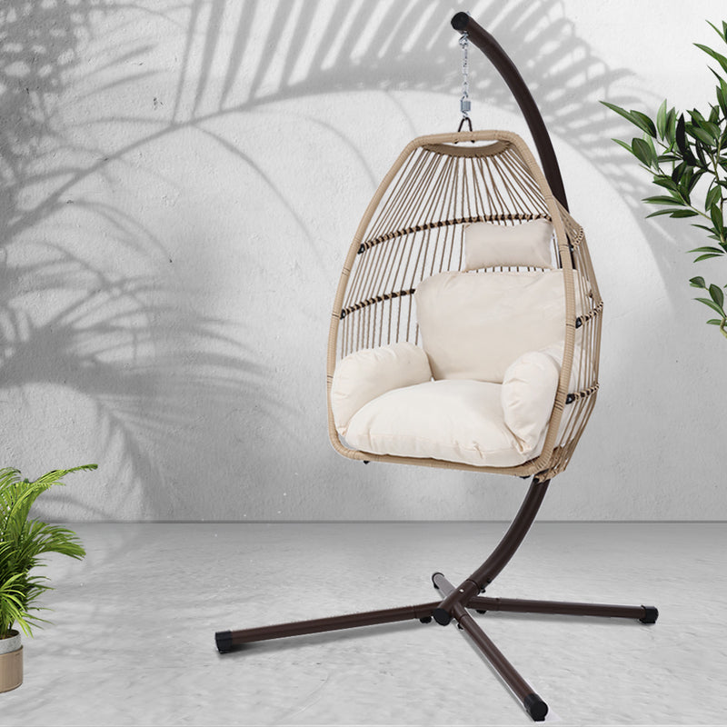 Gardeon Egg Swing Chair Wicker Hanging Pod Stand Cushion Latte