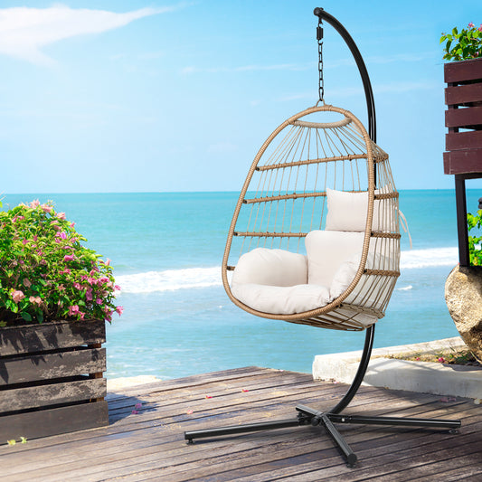 Gardeon Egg Swing Chair Wicker Yellow Foldable Outdoor Furniture