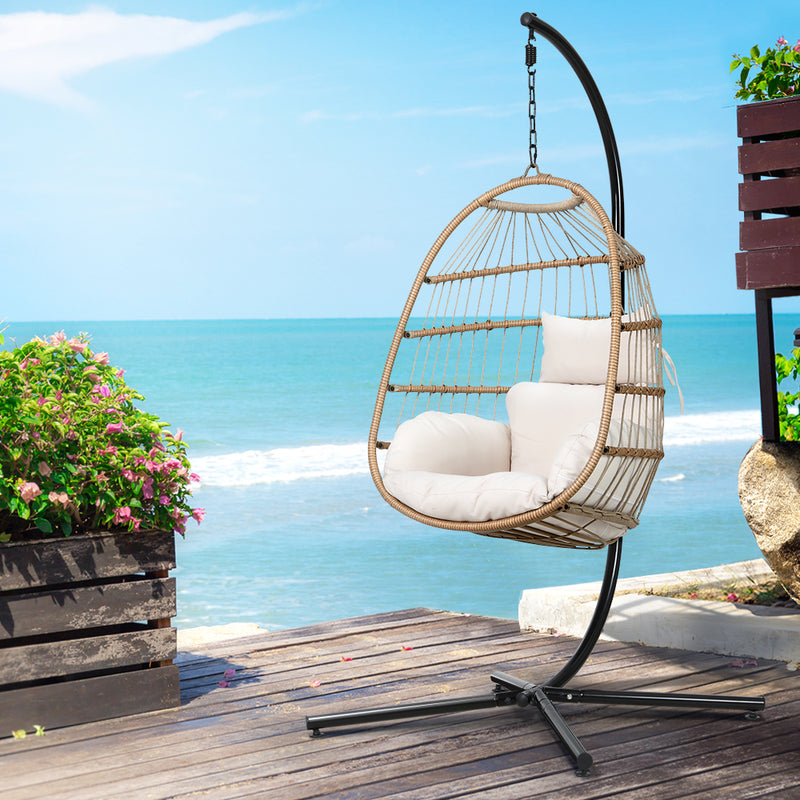 Gardeon Egg Swing Chair Wicker Yellow Foldable Outdoor Furniture