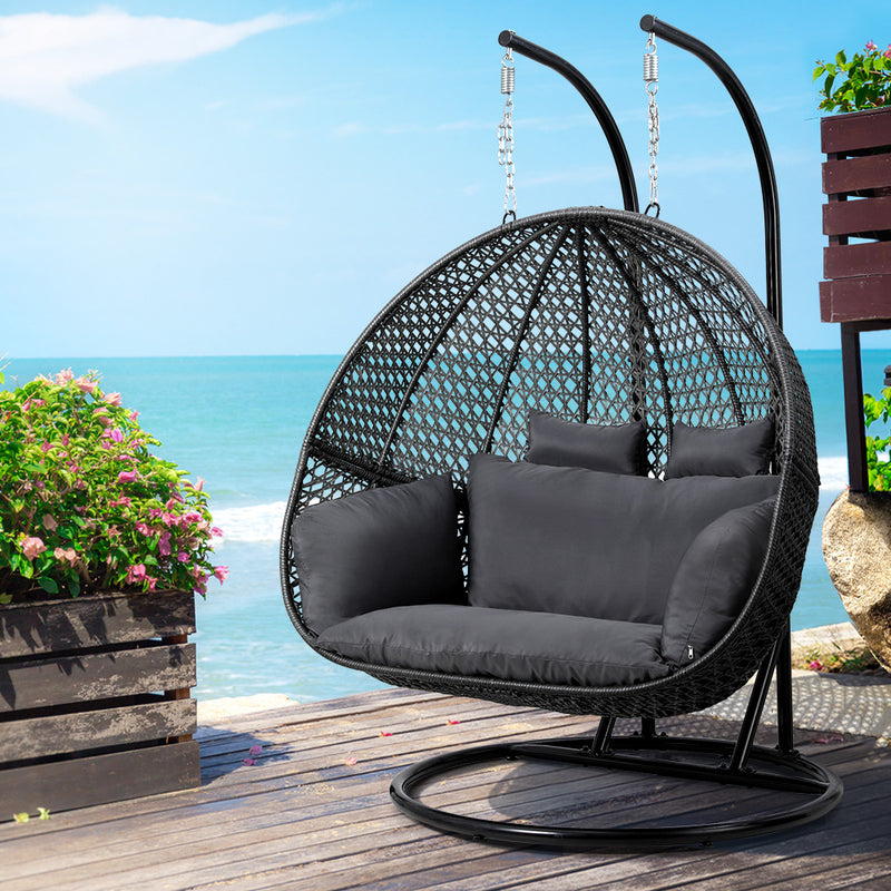 Gardeon Egg Swing Chair 2 Seater Wicker Grey with Stand Cushion