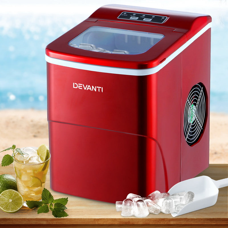 Devanti Portable Ice Cube Maker 2L Red Benchtop Home Bar