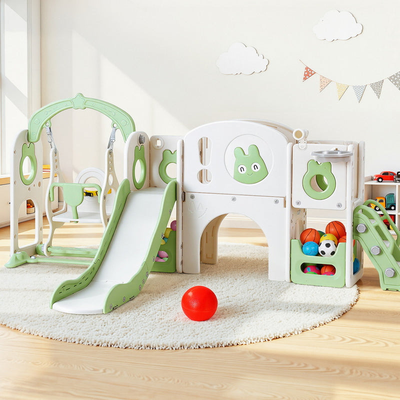 Keezi Kids Slide Swing Set Basketball Hoop 140cm Green Outdoor Toys