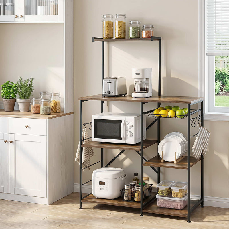 Artiss 4-Tier Microwave Shelf Kitchen Rack Pull Out Basket 6 Hooks