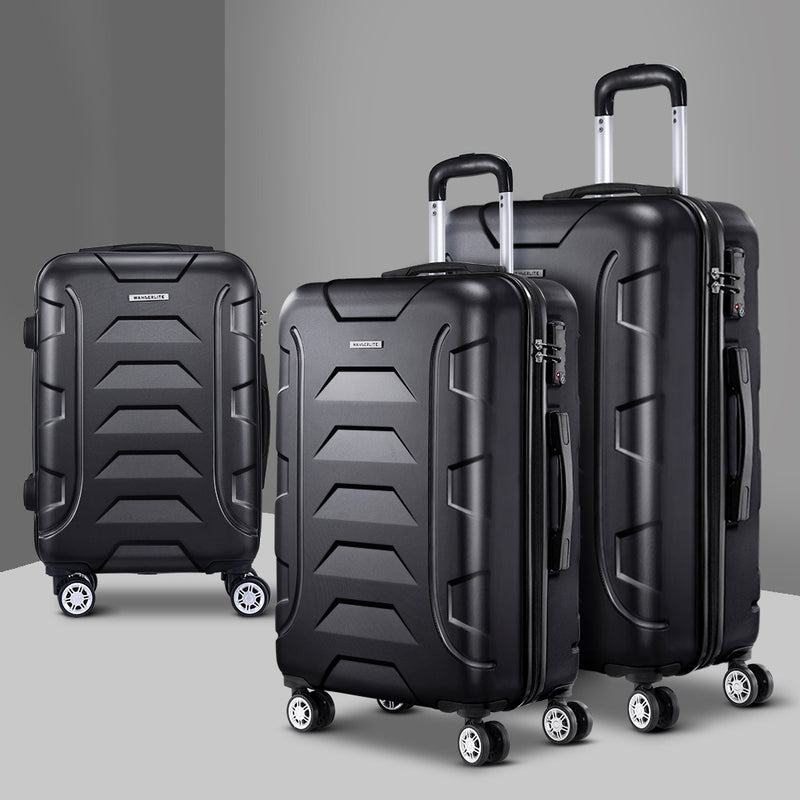 Wanderlite 3pc Luggage Set 20 24 28in TSA Lock Spinner Black