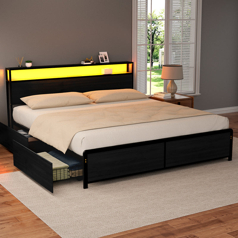 Artiss Metal Bed Frame King Storage Headboard LED Charge 4 Drawers