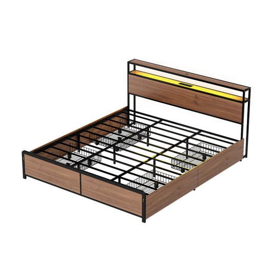 Artiss King Metal Bed Frame 2-Tier Storage Headboard 4 Drawers