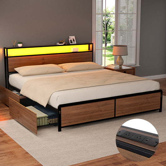 Artiss Metal Bed Frame KING Size with 2-Tier Storage Headboard Metal Platform with 4 Storage Drawers Built in Charging Station & LED Noise-Free/Metal Support/No Box Spring Needed Vintage Brown