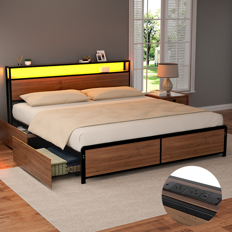 Artiss Metal Bed Frame King Size LED Storage Headboard USB Charge 4 Drawers