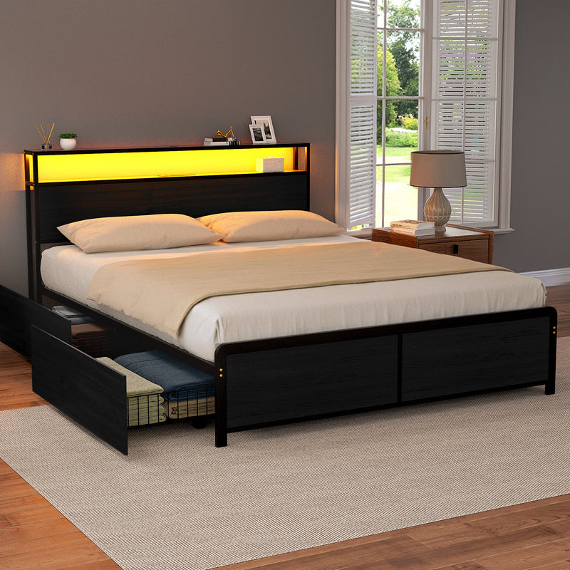 Artiss Queen Metal Bed Frame Storage Headboard LED 4 Drawers