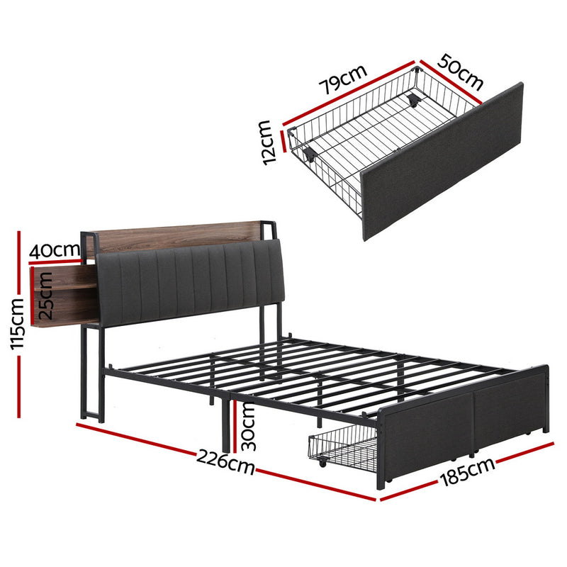 Artiss Metal Bed Frame KING Storage Charging Station 2-Tier