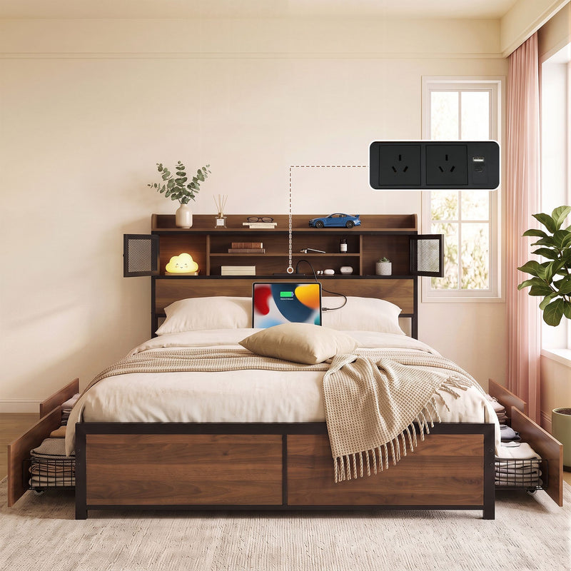 Artiss Queen Bed Frame with Charging Station 4 Drawers Storage Oak