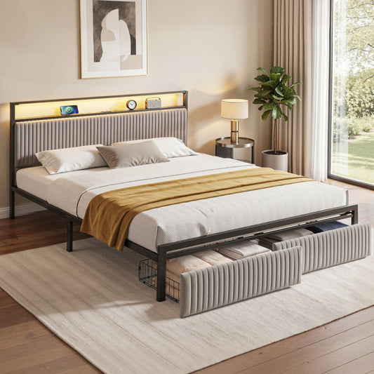 Artiss Metal Bed Frame KING Size LED Charging Station 2 Drawers