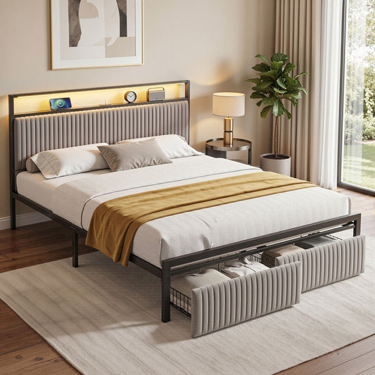 Artiss Metal Bed Frame QUEEN Size LED Charging Station 2 Drawers