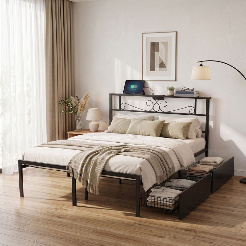 Artiss Double Bed Frame with Charging Station & Storage Drawers Metal
